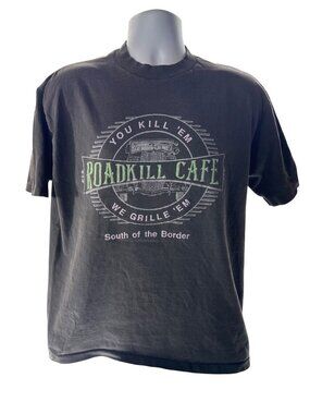 Vintage Roadkill Cafe L Graphic T Shirt Cotton Black USA Retro Novelty Faded